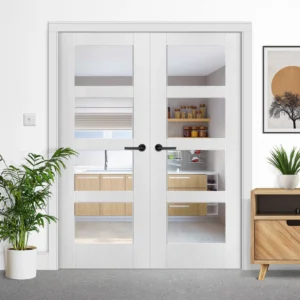 White Internal Primed Shaker 4 Light Clear Glass Pair Door