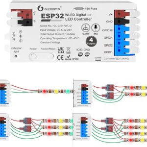 GLEDOPTO ESP32 WLED Digital LED Controller with 4 Channel 15A Fuse Mic Sound UART DIY FCOB Addressable Strip Light for WS2811 WS2812 SK6812 TM1814 WS2813 WS2815 (GL-C-017WL-D) [Energy Class G]