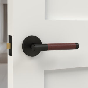 Brass Lever Door Handle in Black & Brown Leather