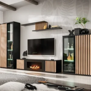 Carmen Furniture Wall Set With Fireplace in Black and Decorative Oak Stripes