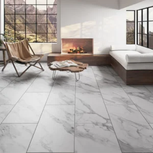Rigid Core Pre-Grout Click Vinyl White Marble Tile Built-in Underlay